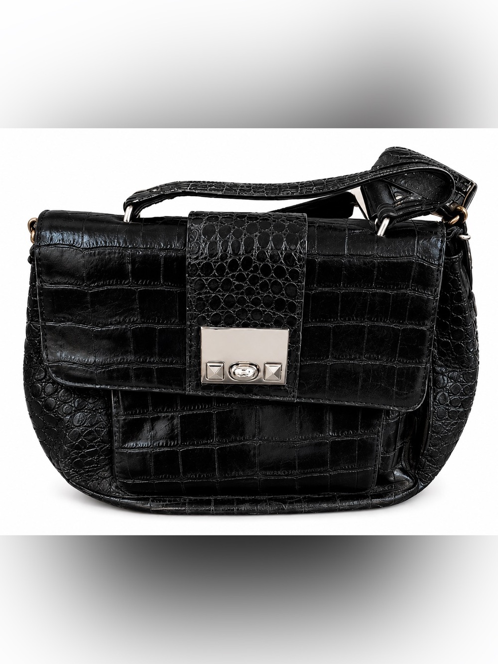 Y2K GUESS Black Croc Embossed Flap Shoulder Bag Leopard Lining